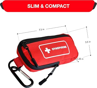 EpiPen Insulated Carrying Case Slim Design Holds 2 EpiPens & Accessories Heavy-Duty Canvas with Carabiner & Medical ID Card (Red)
