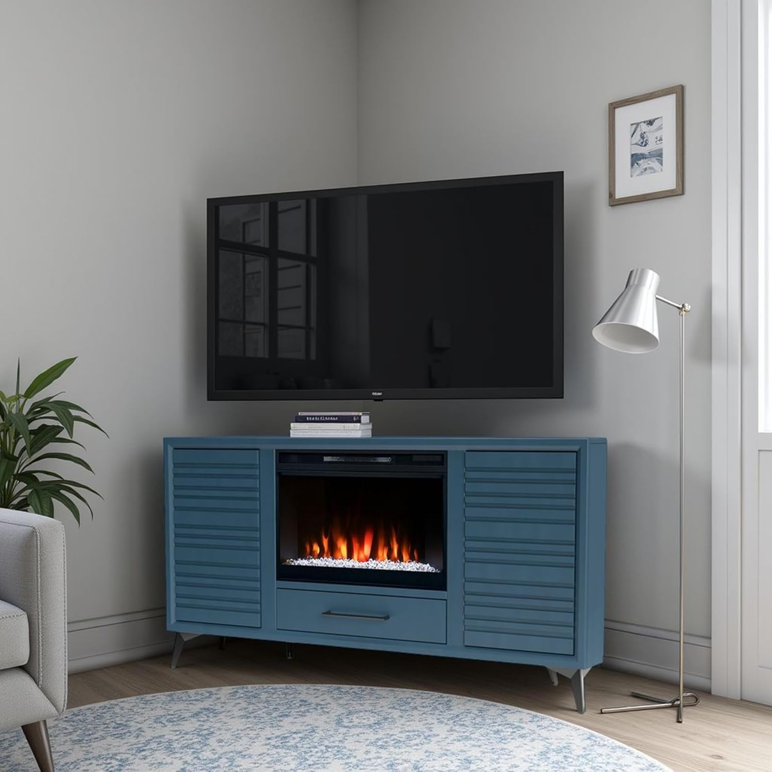 Realcozy Malibu Modern 64 inch Electric Fireplace Corner TV Stand Entertainment Center with Fireplace, for TVs up to 70 inches, Solid Wood, Denim Blue Finish