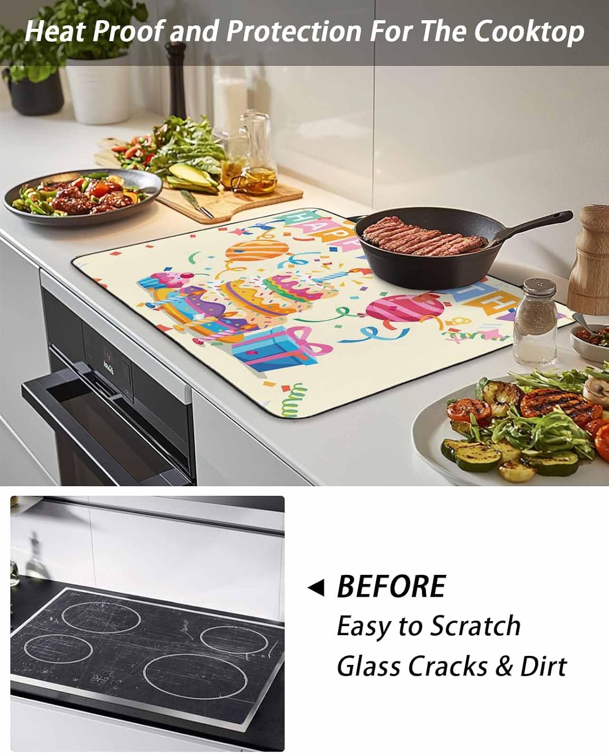 Happy Birthday Cake Stove Top Cover for Electric Stove, Ribbon Balloon Cartoon Cute Heat-proof & Non Slip Glass Top Stove Cover Protector, Kitchen Flat Cooktop Rubber Mat 36x21 Inches
