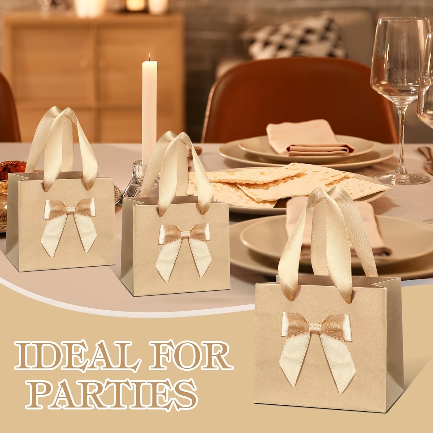 Honoson 50 Pcs Valentines Small Gift Bags with Handle 4 x 2.75 x 4.5 No DIY Mini Paper Bags Bulk with Bow Ribbon for Galentine Party Favor Wedding Birthday Guests Baby Shower(Beige White) - Image 6