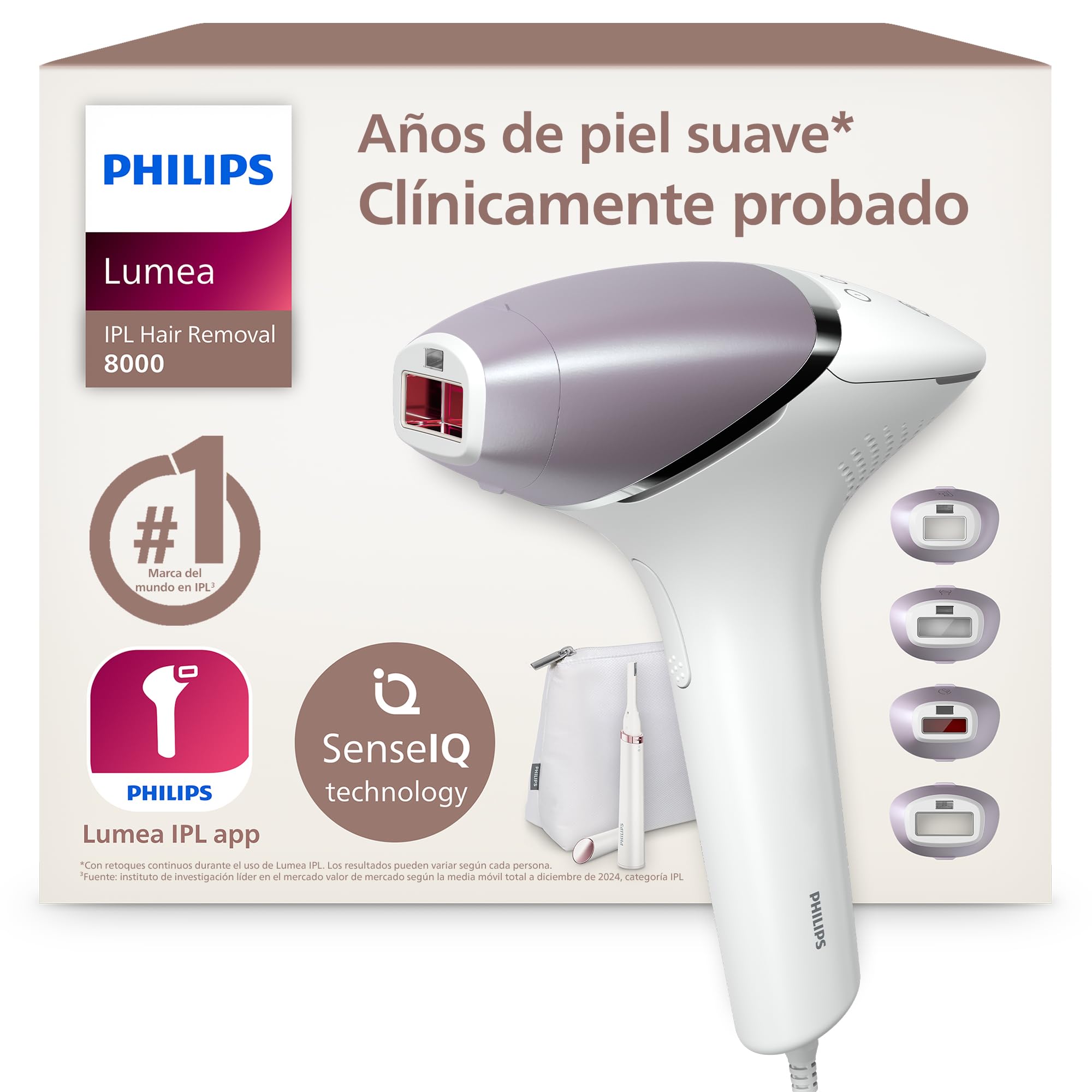Philips Lumea serie 8000, dispositivo de depilación IPL, alternativa de depilación láser, tecnología SenseIQ, 4 accesorios para el cuerpo, lápiz recortador compacto satén, BRI949/00