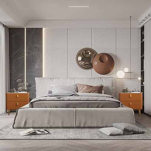 Miniatura 2 de MGH Moderno juego de 2 mesitas de noche pequeñas con dos cajones mesas auxiliares de piel sintética de mármol de mediados de siglo mini mesa de