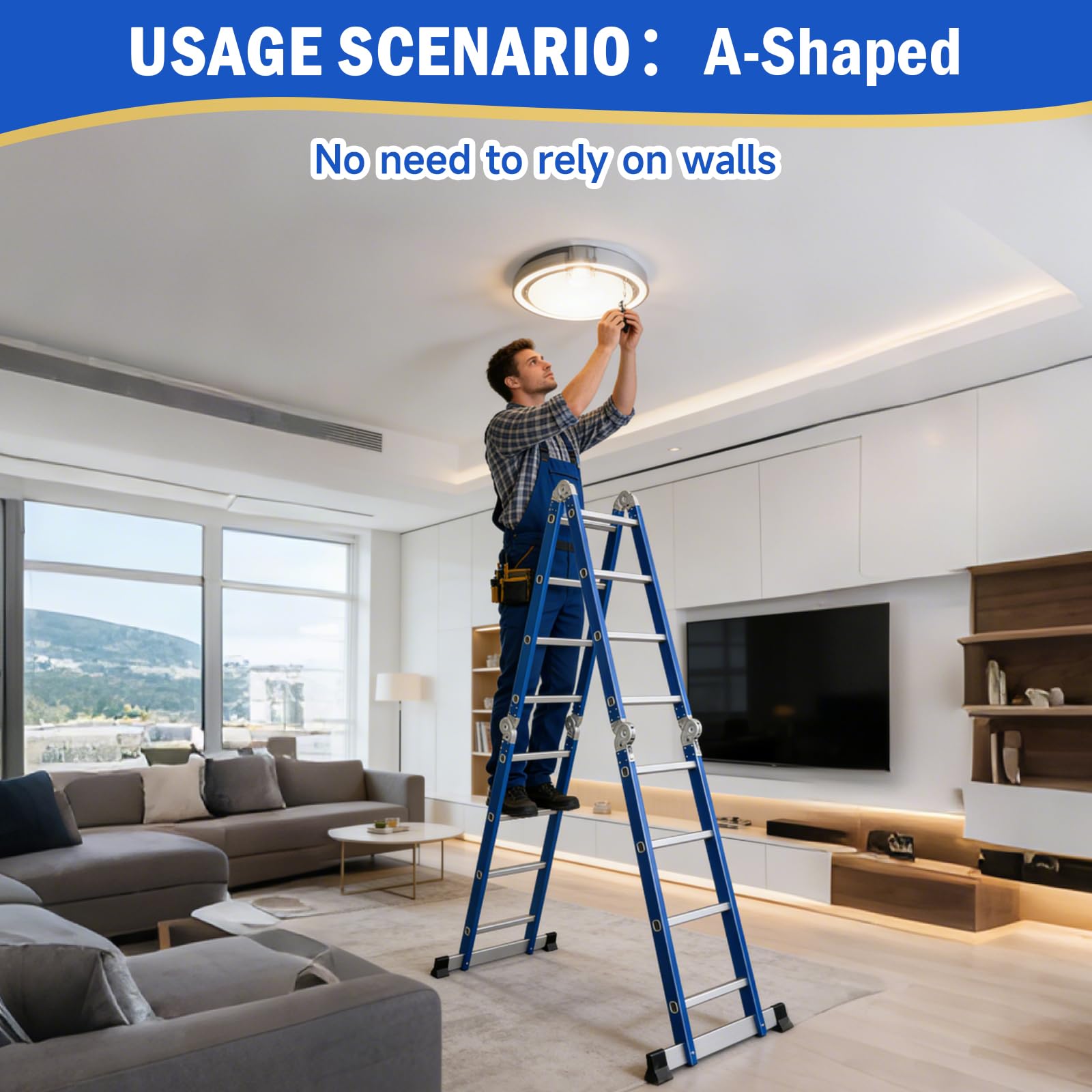 Scala Pieghevole Multiuso 7 in 1 in Alluminio - 4 x 4 Gradini, 464 cm, Scala Multifunzione per Uso Domestico Interno ed Esterno, 16 Gradini, Portata Massima 150 kg