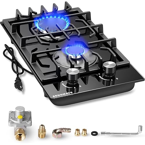 12 Inch Gas Cooktop, 2 Burner Gas Stove Top, Built-In or Countertop Installation, Black Tempered Glass, NG/LPG Convertible, Flame Out Protection, Ideal for RVs, Apartments & Cabins