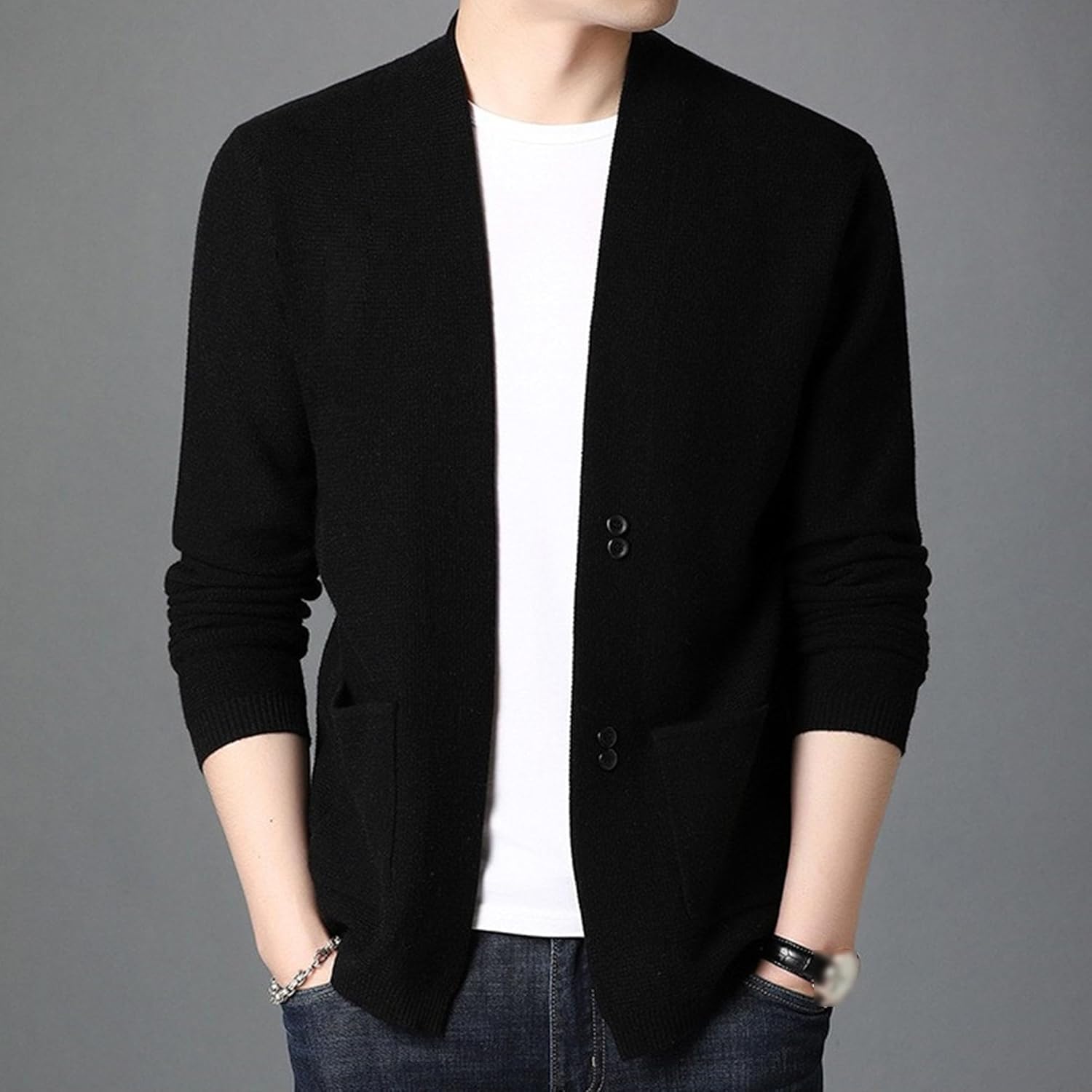 Men's Open Front Cardigan Sweater Long Sleeve Knitted Sweaters with Pockets Lightweight Casual Drape Outerwear