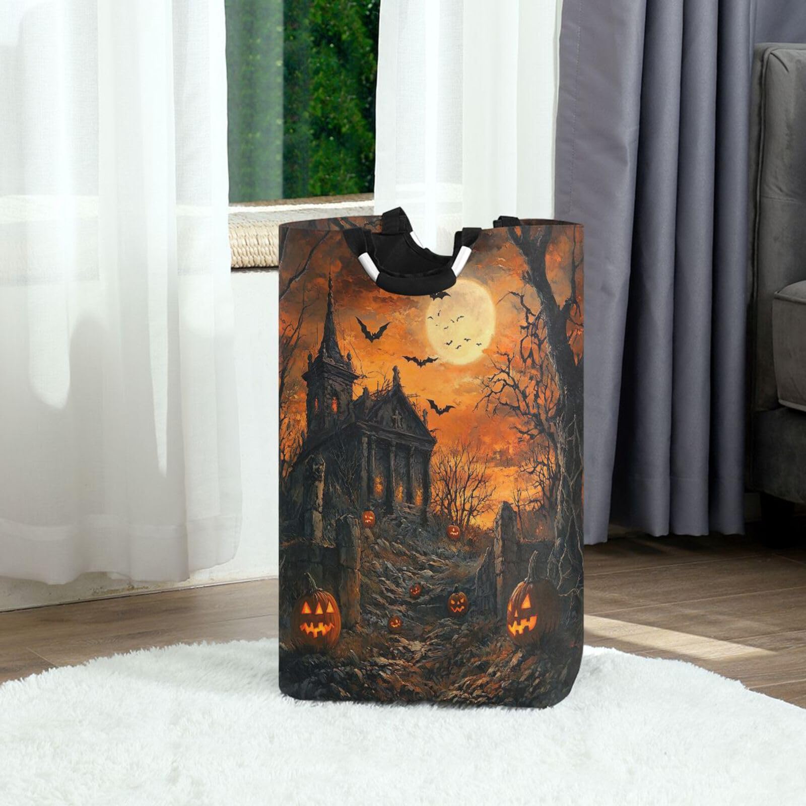 Jihqo Laundry Hamper Basket Halloween Night Collapsible Nursery Storage Bin Waterproof Clothing Baskets for Home Bedroom Bathroom Washing Room