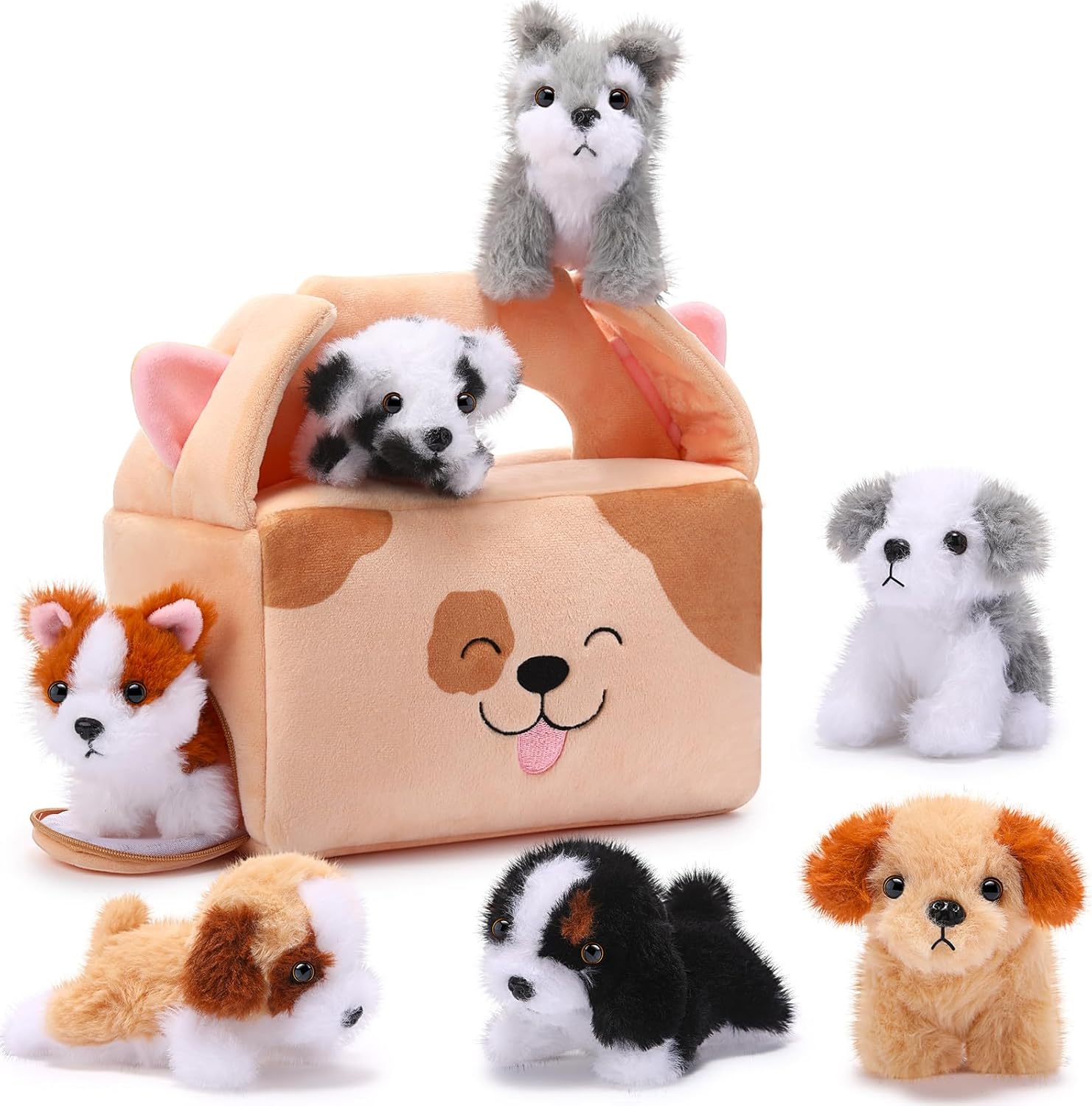 8 Pcs Small Dog Stuffed Animal Set Plush House with 7 Fluffy Puppy Stuffed Animal Toys for Kids Birthday Gifts Pet Party Favors Easter Stuffers