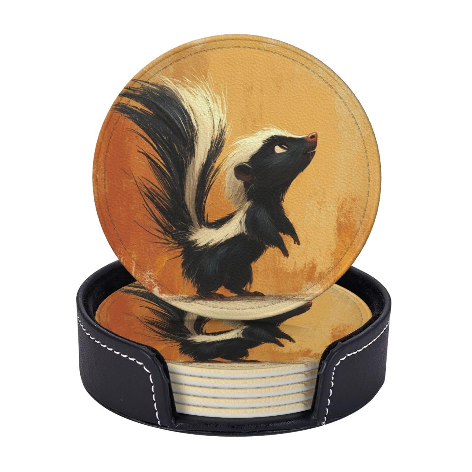 Drink Coasters 6Pcs Round Leather Coaster with Holder Skunk Coasters for Drinks Coffee Cup Mat Heat Resistant Coaster for Tabletop Protection Desk Accessories Office Home Decor