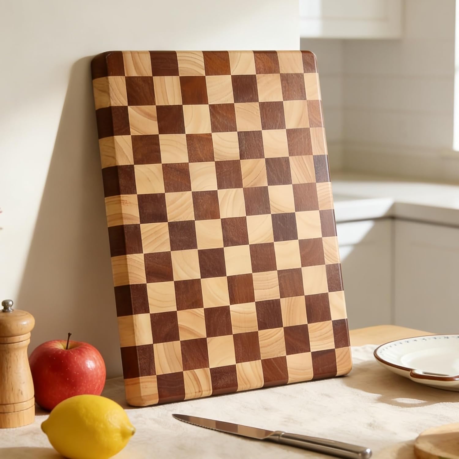 Checkered Cutting Board for Kitchen, 16"L x 11"W x 1"Th – Wooden Chopping, Cheese & Charcuterie Board in Acacia Wood, Butcher Block Serving Tray for Meat, Fruit, Bread & Vegetables