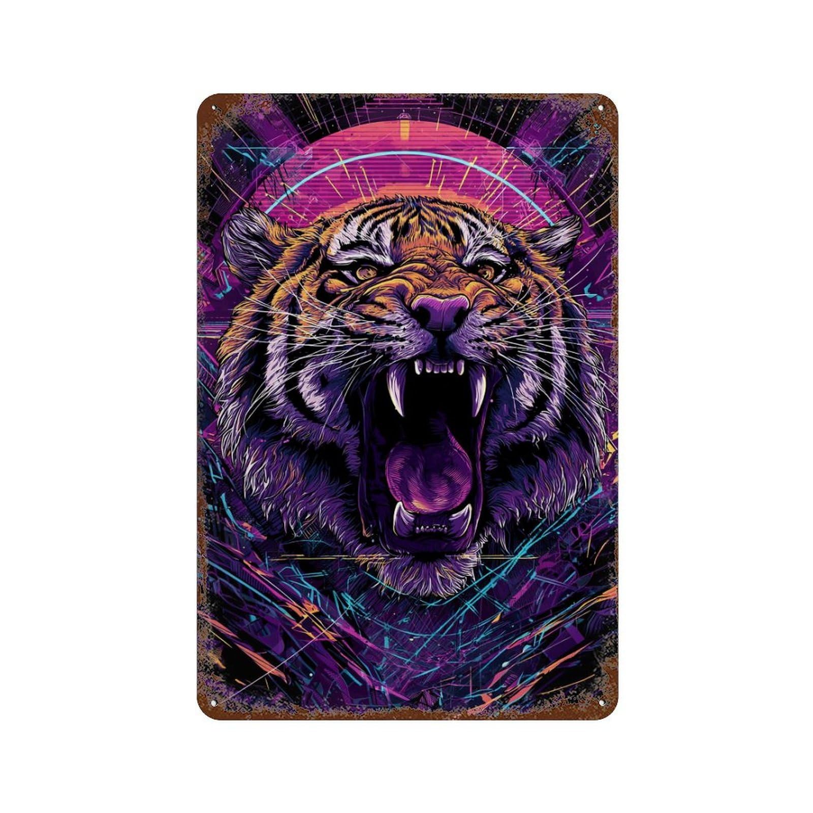 Roaring Tiger Art Print Decorative Tin Sign 11.8"x7.9", Vintage Wall Decor for Basement, Hobby Room And Garage Decor