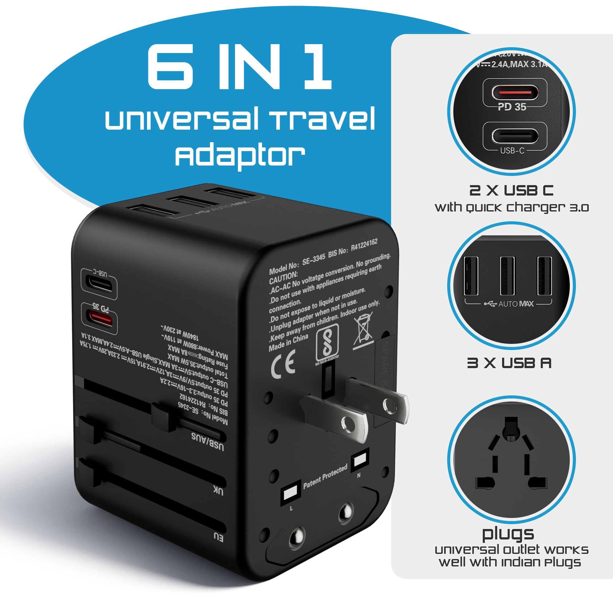 SeCro 6 in 1 Universal Charger Adapter, | 35W PD Fast Charger | 10 Years Warranty | International Travel Adapter with PD, Type C & 3 USB Ports | Worldwide Travel Charger Support +150 Countries — Amazon image 2
