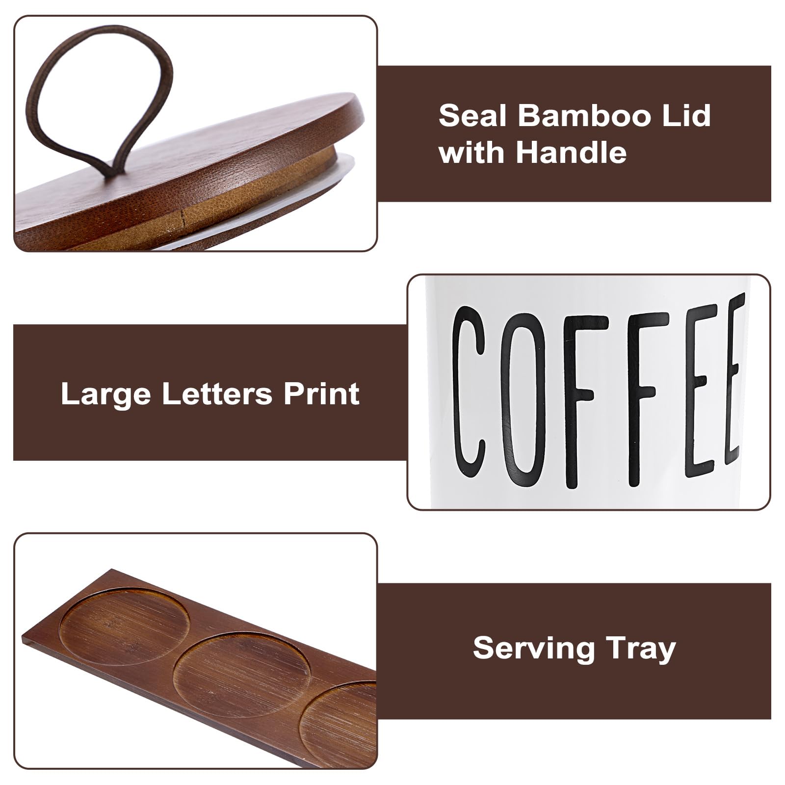 BTSKY Set di 3 contenitori da cucina in ceramica bianca – 3 misure ermetiche per zucchero, caffè, tè, con coperchio e vassoio in legno, barattoli per alimenti