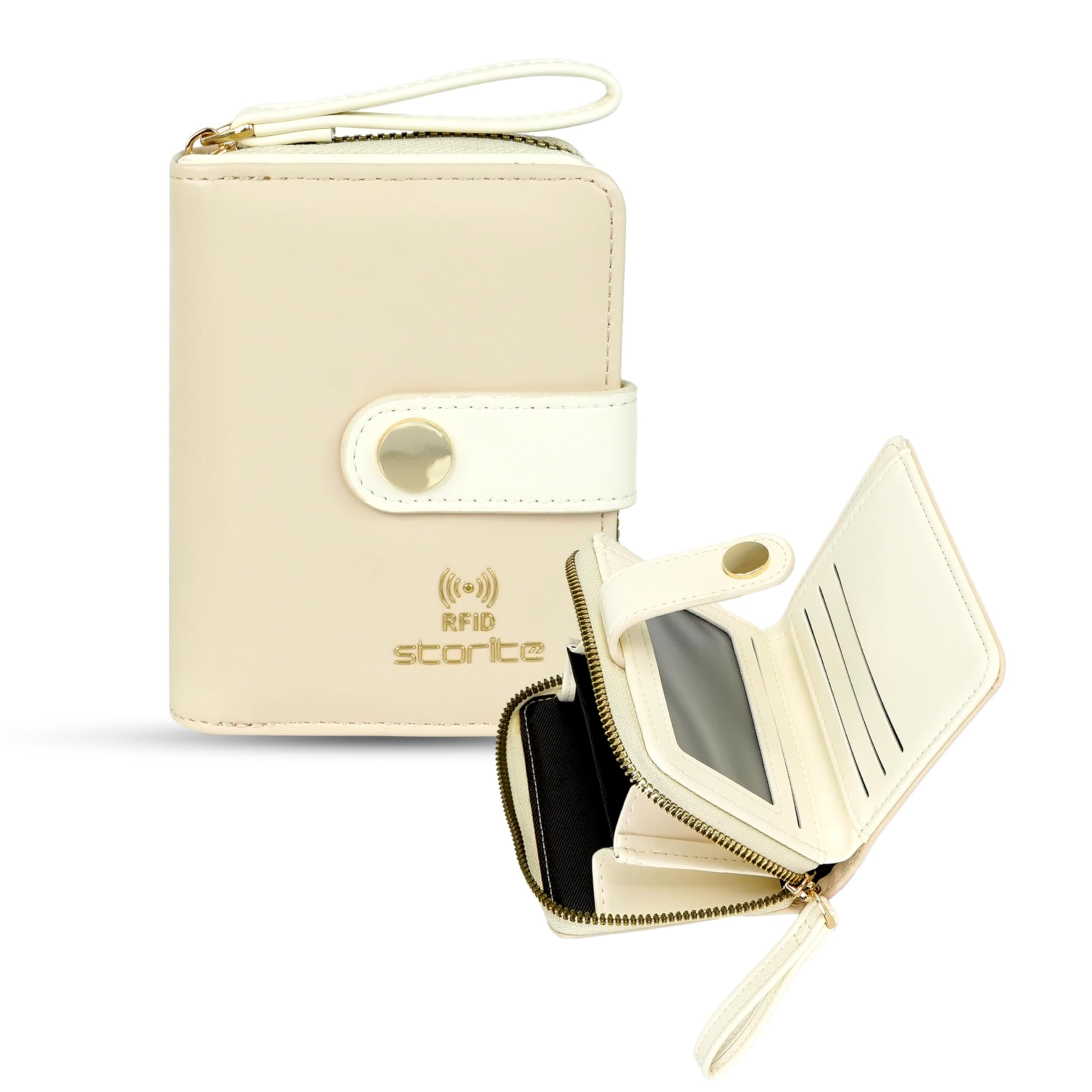 Storite Women RFID Blocking Wallet | Slim PU Leather Bifold Card Holder with Wristlet Strap | 5 Card Slots & 1 ID Window, Zipper Coin Pocket & Cash Compartment (Cream)