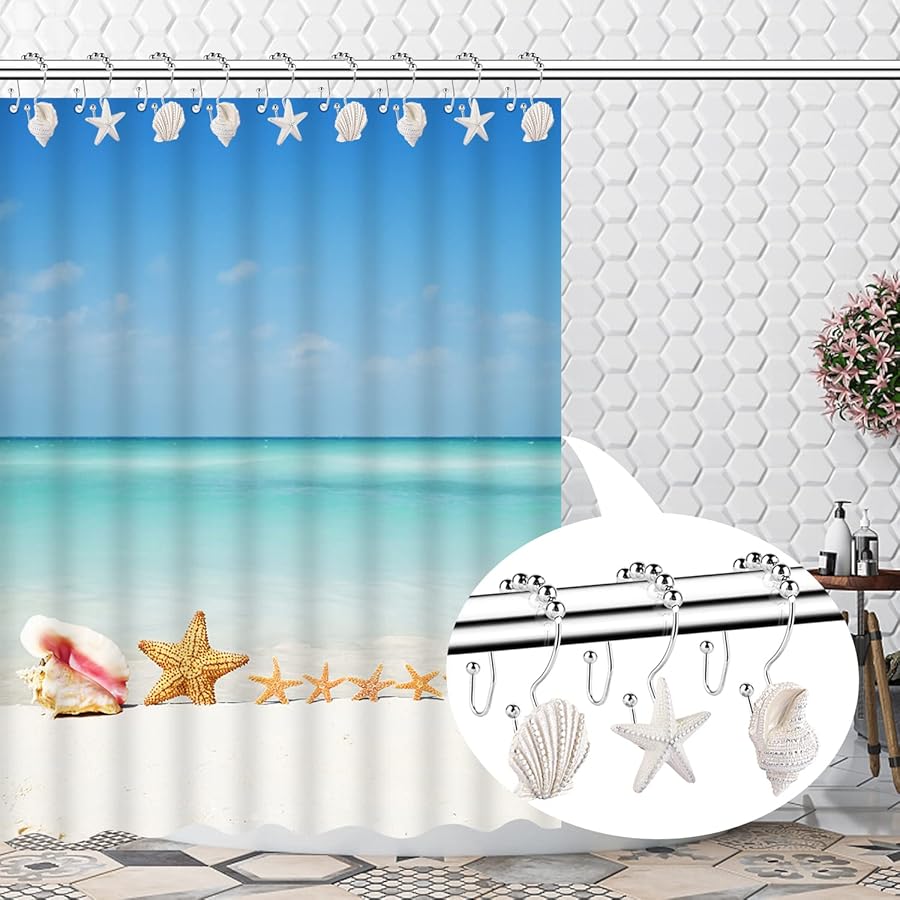 Decorative Shower Curtain Hooks,FINROS 12 Pcs Seashell Double Glide Shower Curtain Hooks for Bathroom and Living Room (White Seashell) - image 5