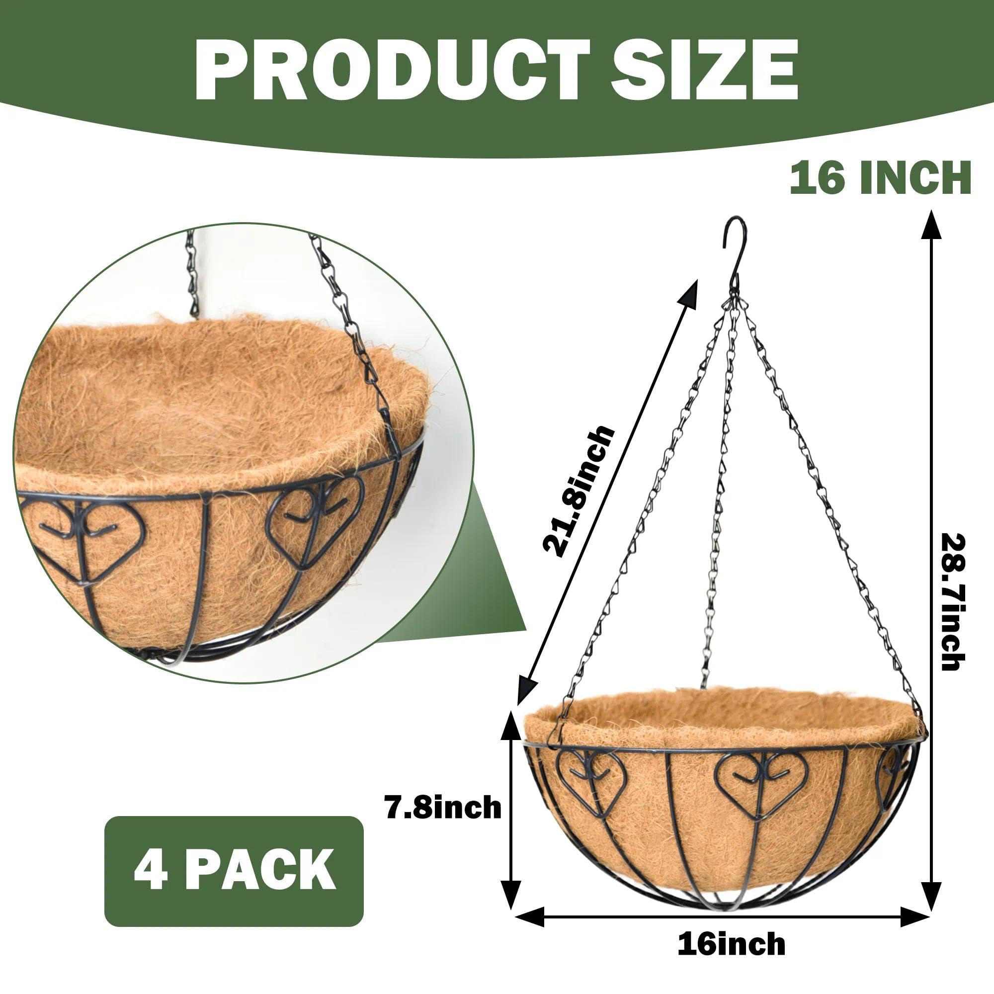 Lot de 4 Pots de Fleurs Suspendus de 40,6 cm pour Plantes d'extérieur, Panier Suspendu en métal avec Doublure en Fibre de Coco, Noir, Moderne