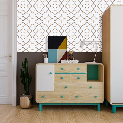 Miniatura 6 de Papel tapiz autoadhesivo para despegar y pegar de 17.7 x 197 pulgadas, color blanco y dorado rosa, papel de contacto extraíble y autoadhesivo para