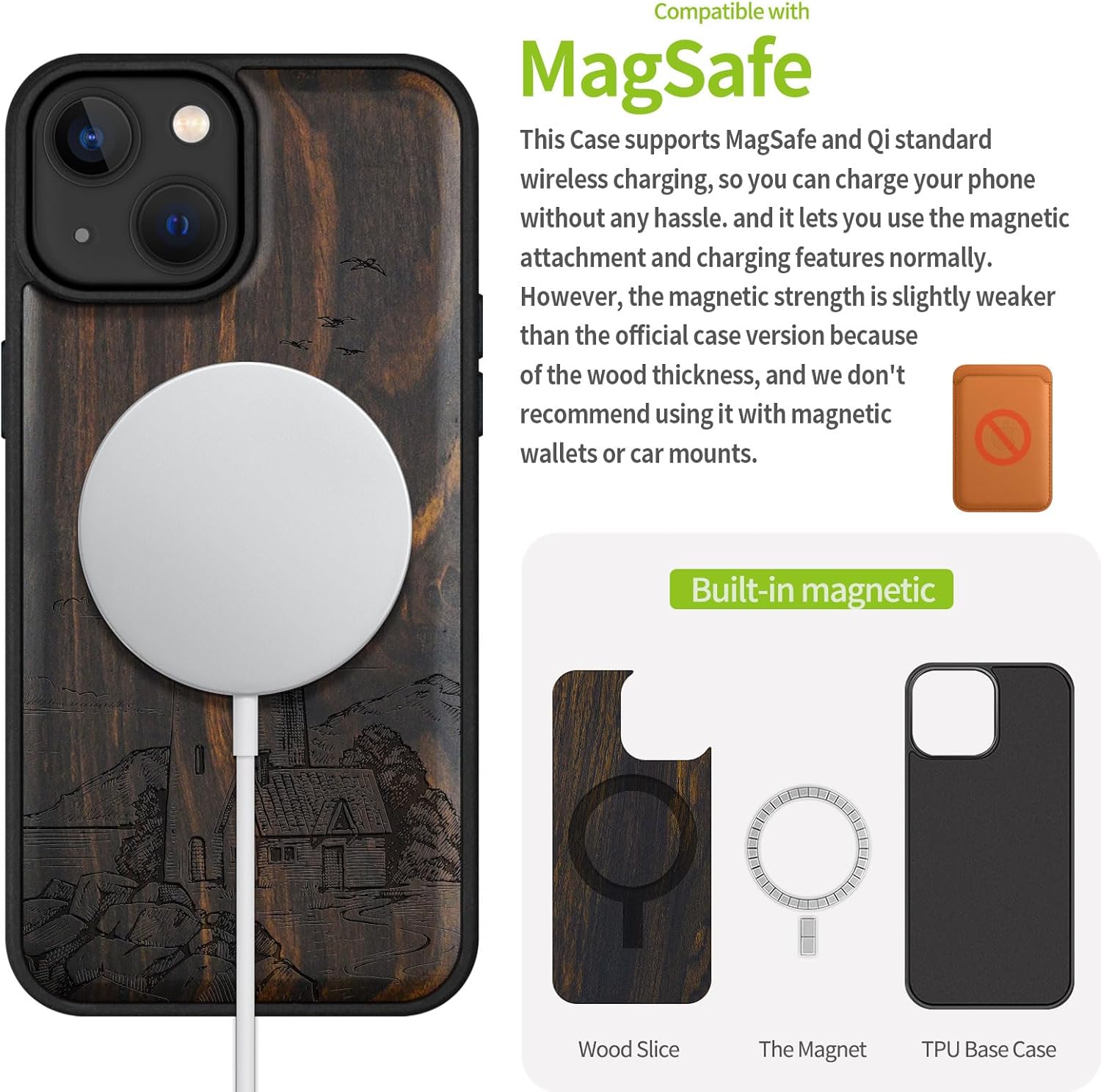 Carveit Magnetic Wooden Case for iPhone 15 Case, Compatible with MagSafe Wireless Chargers, Black Soft TPU Shockproof Cover & Wood Artisan Engraved (Lighthouse) - Blackwood