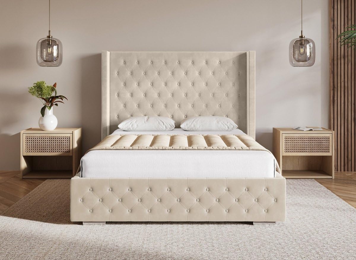 DecoInParis Lit Coffre en Velours Beige 140X190 cm Perla
