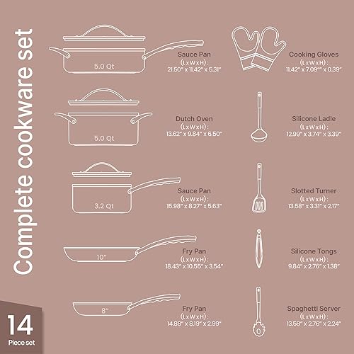 Miniatura 2 de Crystal Kung Minkoff - Juego de utensilios de cocina de cerámica  Juego de 14 ollas y sartenes con tapas, utensilios de silicona y guantes de horno,