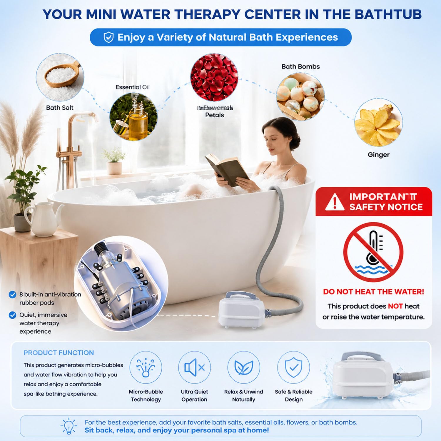 DowPie Farbwechsel LED Blasenmatte für Badewanne, Heim Spa Zubehör 110v | Aufblasbares Nackenkissen, rutschfeste Saugnäpfe, flexibles wasserdichtes PVC – leicht reinigen und schnell trocknen
