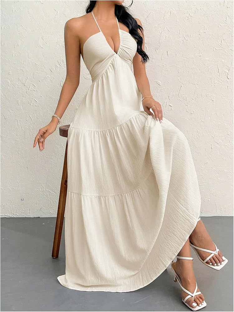 SHENHE Women's Deep V Neck Tie Knot Backless Halter Dress A Line