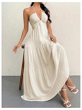 SHENHE Women's Deep V Neck Tie Knot Backless Halter Dress A