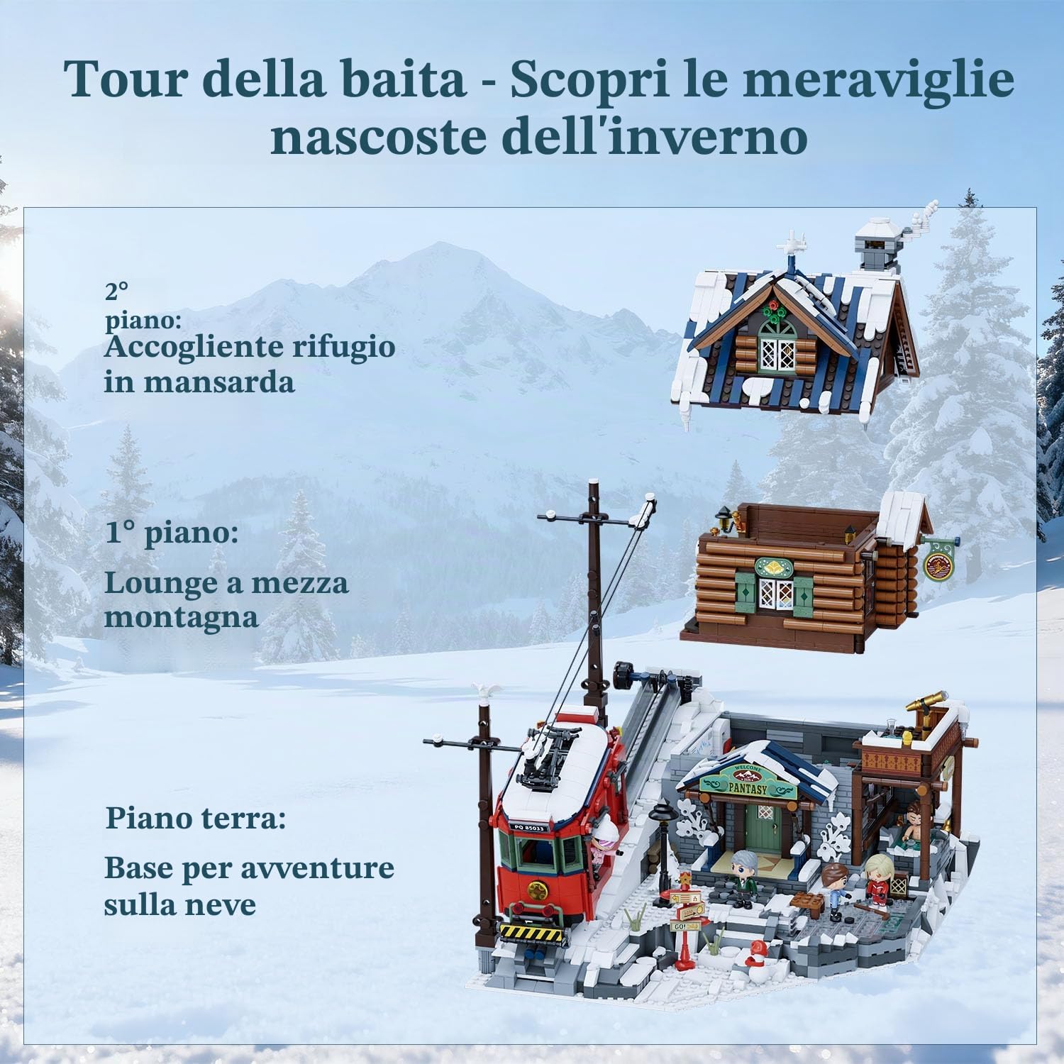 PANTASY Summit Cabin - Set da costruzione per adulti, rifugio di montagna ricco di dettagli con effetto legno e elementi invernali, giocattolo creativo per gli appassionati di modelli paesaggistici e | Capanna da montagna a 3 piani con funiaria vintage, g