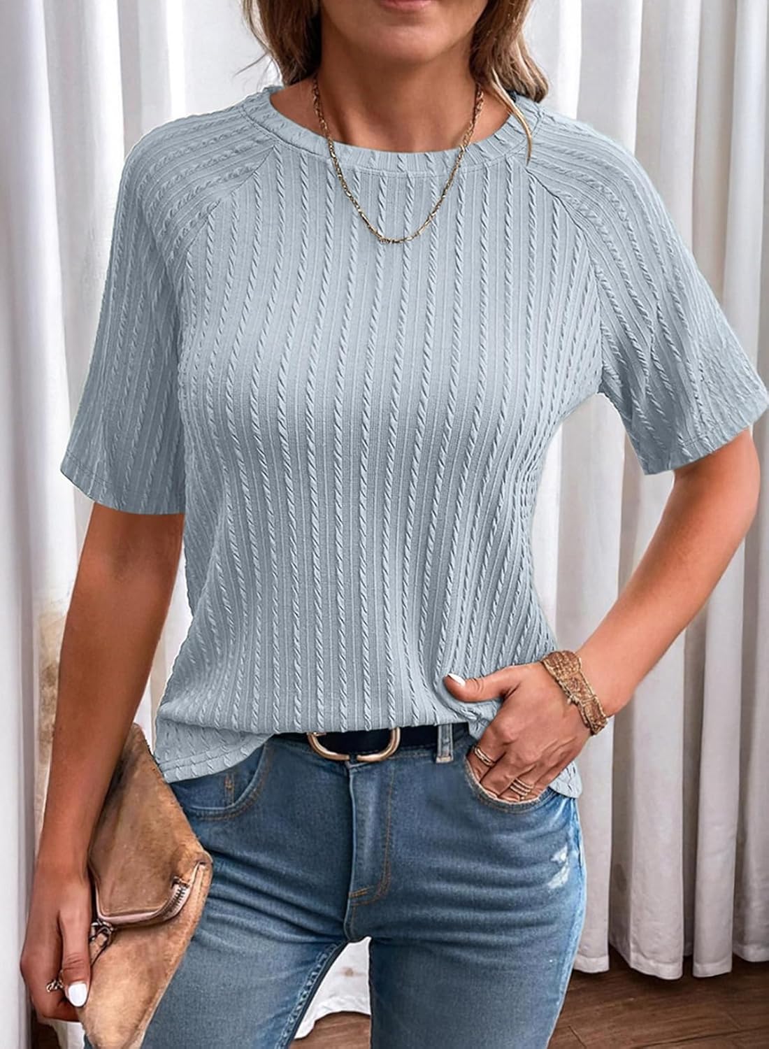 Dokotoo Shirts for Women Trendy Cute 2026 Summer Tops Short Sleeve Casual Trendy Lightweight Blouses Dressy Business Casual Spring Outfits Teacher Work Tunic Loose Fit Tops Womens Tee Blue - Image 2