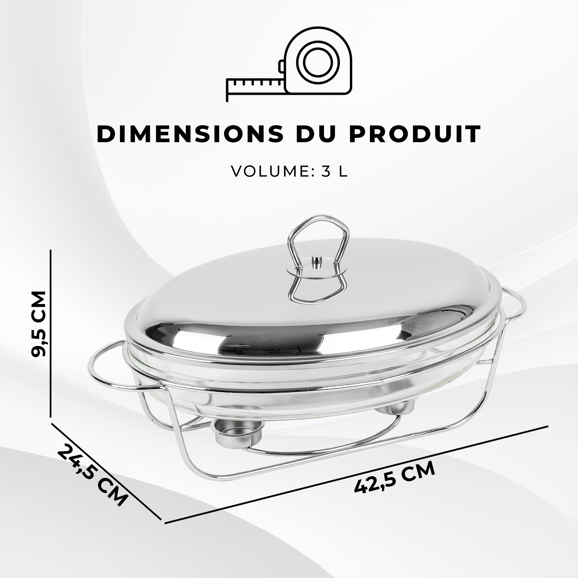 KARL HAUSMANN Chafing Dish Buffet - 3L con Tapa y Soporte - Rechaud de Vidrio Templado con Calentador de Comida - Set Buffet para Servir Caliente