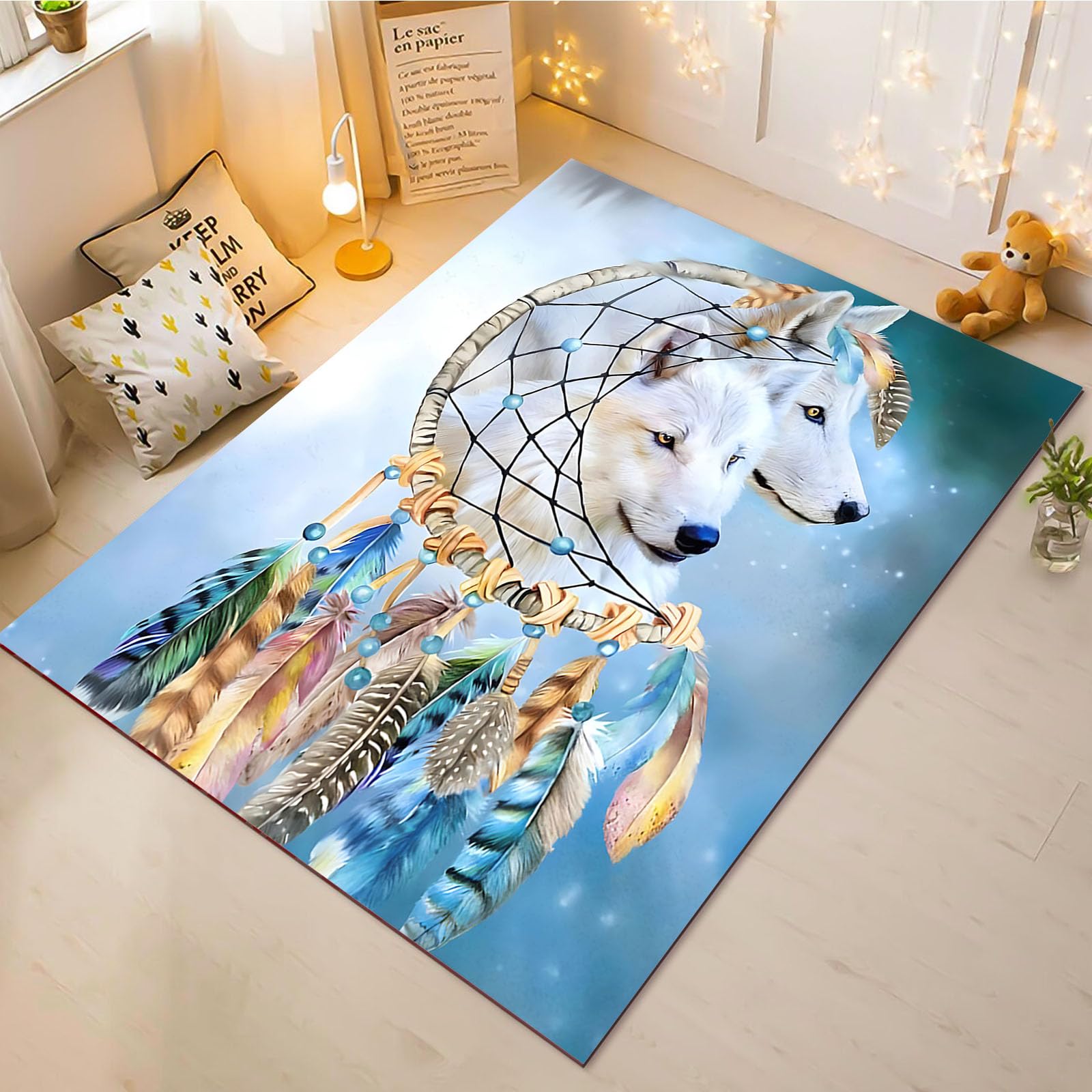 Tapis de jeu loup dans la chambre enfant et décoration salon attrape-rêves