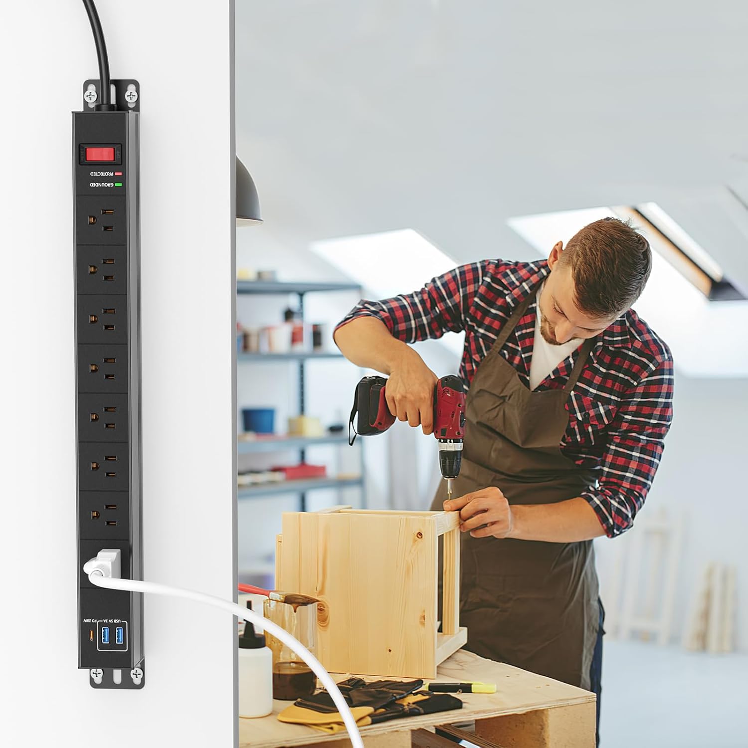 QBA 8 Outlet Metal Power Strip with USB C PD 20W, Heavy Duty Wide Spaced Outlets, Wall Mount for Home Office Garage Workshop, 6ft Cord, Black