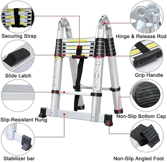 3.8M / 1.9M+ 1.9M Foldable Ladders A Frame Aluminium Extendable Extension 16 Steps150kg Max. Capacity Multipurpose Climb Ladder Portable Loft Attic for Business Home Work DIY Builder
