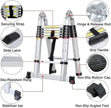3.8M / 1.9M+ 1.9M Foldable Ladders A Frame Aluminium Extendable Extension 16 Steps150kg Max. Capacity Multipurpose Climb Ladder Portable Loft Attic for Business Home Work DIY Builder