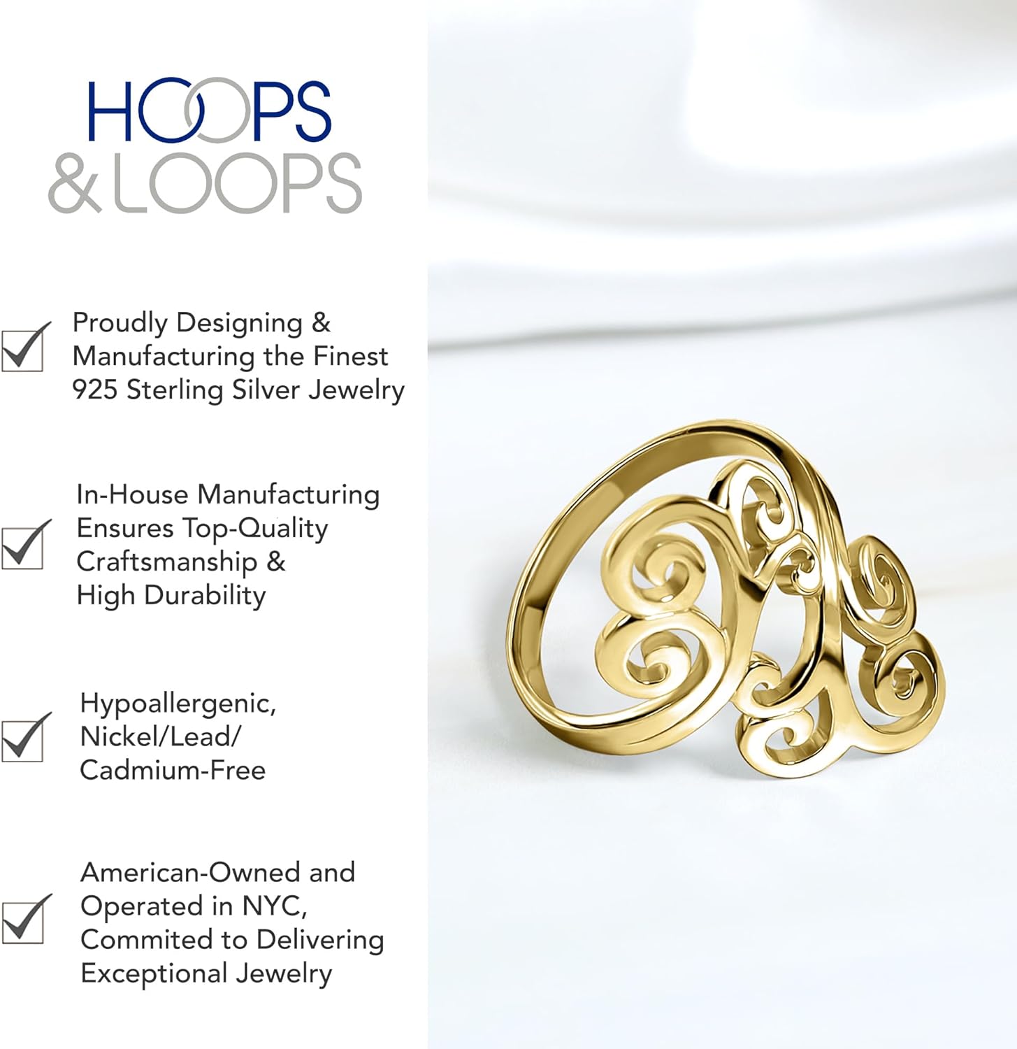 Hoops & Loops 925 Sterling Silver High Polished Open Filigree Swirl Fashion Vintage Style Unique Ring for Women, Silver, Yellow & Rose Gold