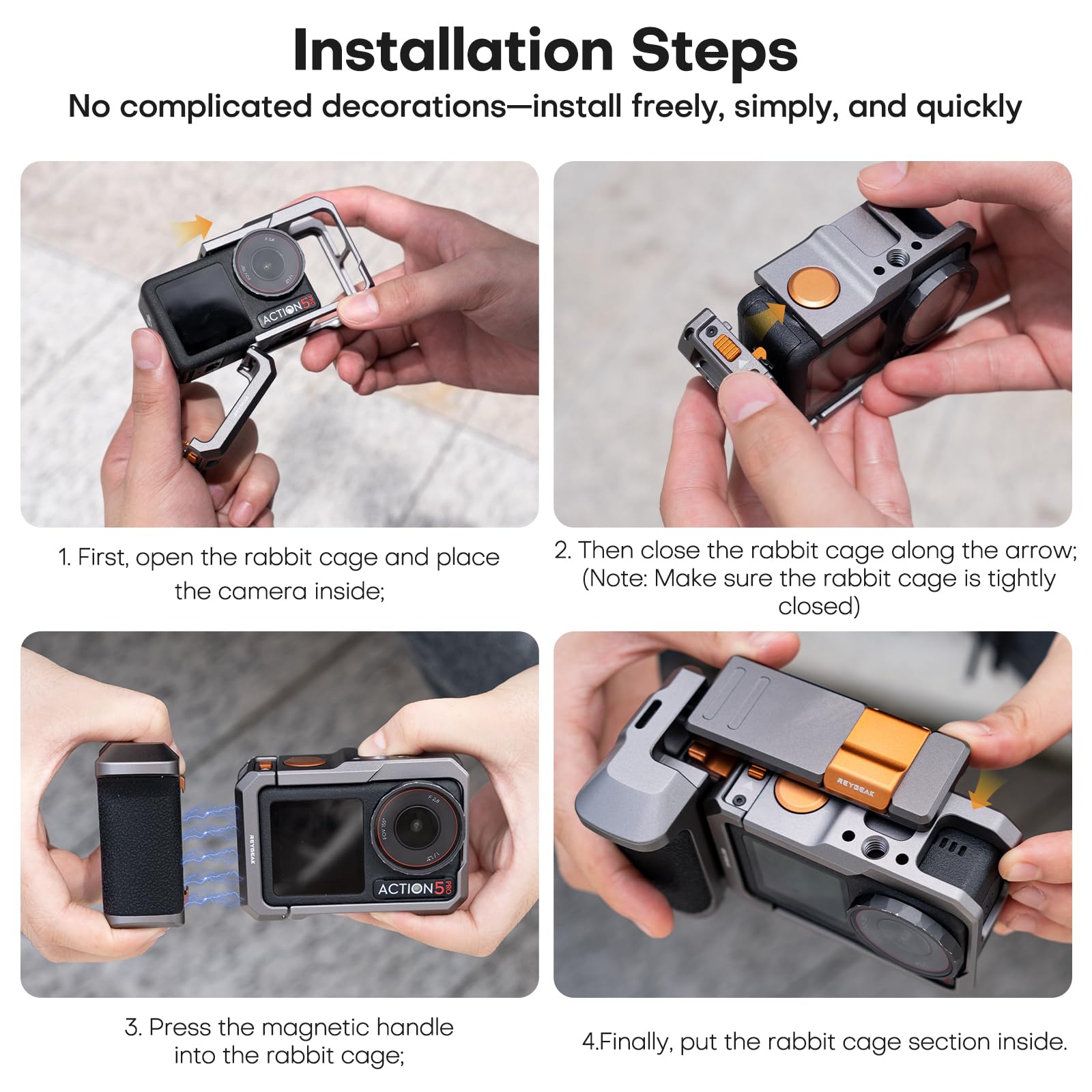 REYGEAK Uchwyt magnetyczny do kamery ulicznej do DJI Osmo Action 5 Pro/Action 4/Action 3, w całości z aluminium CNC rzeźbiony zestaw uchwytów do Osmo Action (tytanowy szary + pomarańczowy)