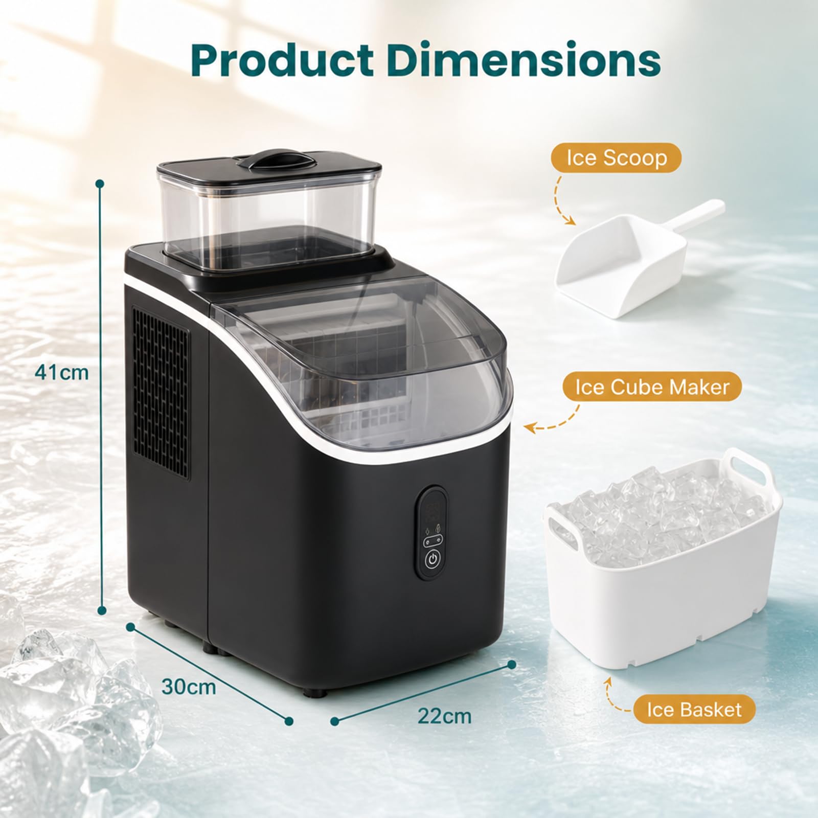 LIFEZEAL Máquina de Hielo 15kg/24h Silenciosa Ajustable (Negro) | Fabrica 16 Cubitos en 13 min, 13 Grosores, Autolimpieza, Temporizador 24h, Uso Doméstico Portátil, Cocina, Oficina