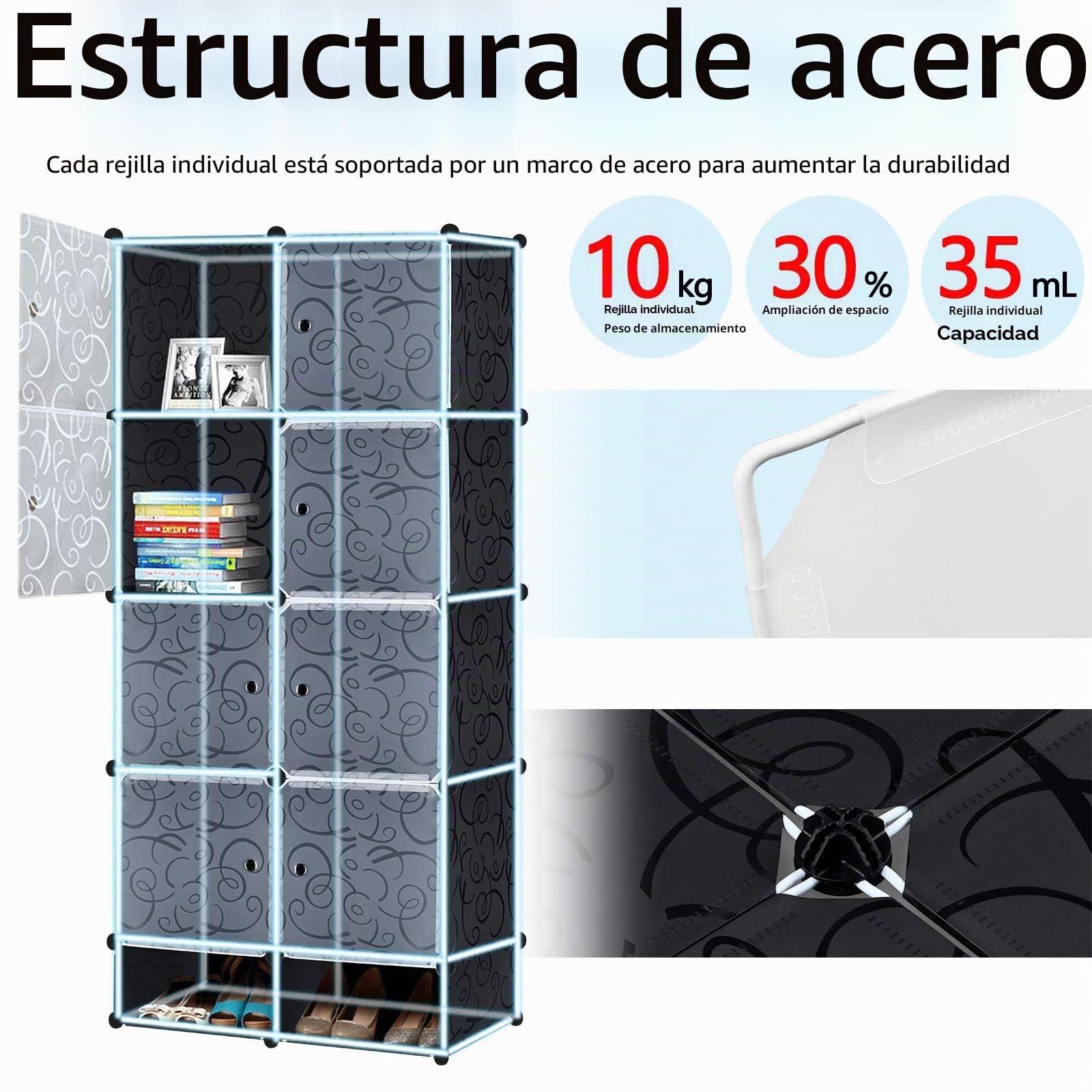 Froadp Armario de plástico para manualidades, sistema de estantería, perchero portátil con 8 compartimentos, sistema de estanterías con puertas, armario de dormitorio para ropa, libros, juguetes (70 x