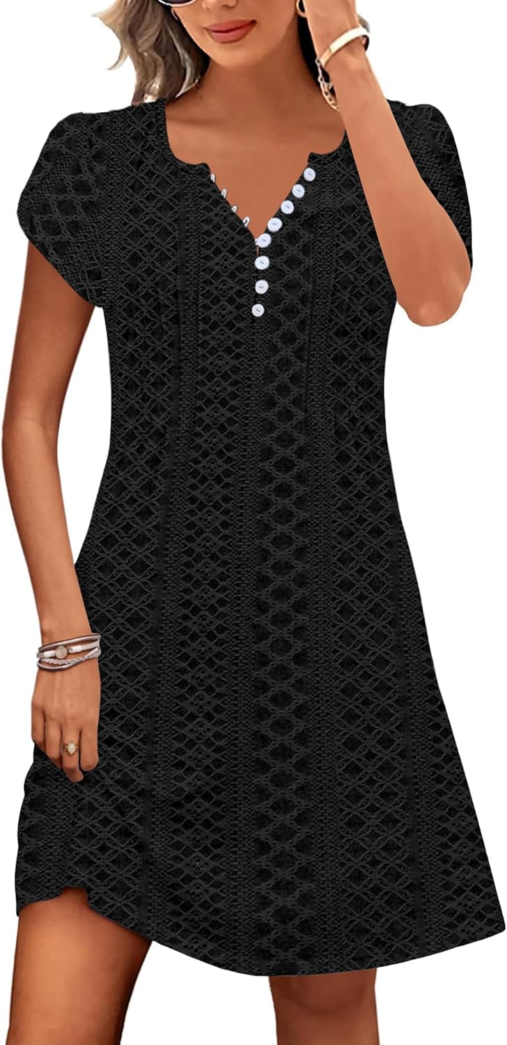 Disamer Womens Casual Dresses Short Sleeve Summer Dresses 2026 Boho Floral Beach Sundresses Spring A-Line Dress with Pockets