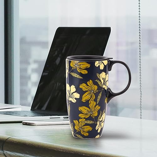 Miniatura 12 de TZSSP Taza de cerámica para café, taza de té de porcelana con tapa, 17 onzas, 2 unidades, azul y negro Azul y Negro,Azul,Verde,Negro -,Azul