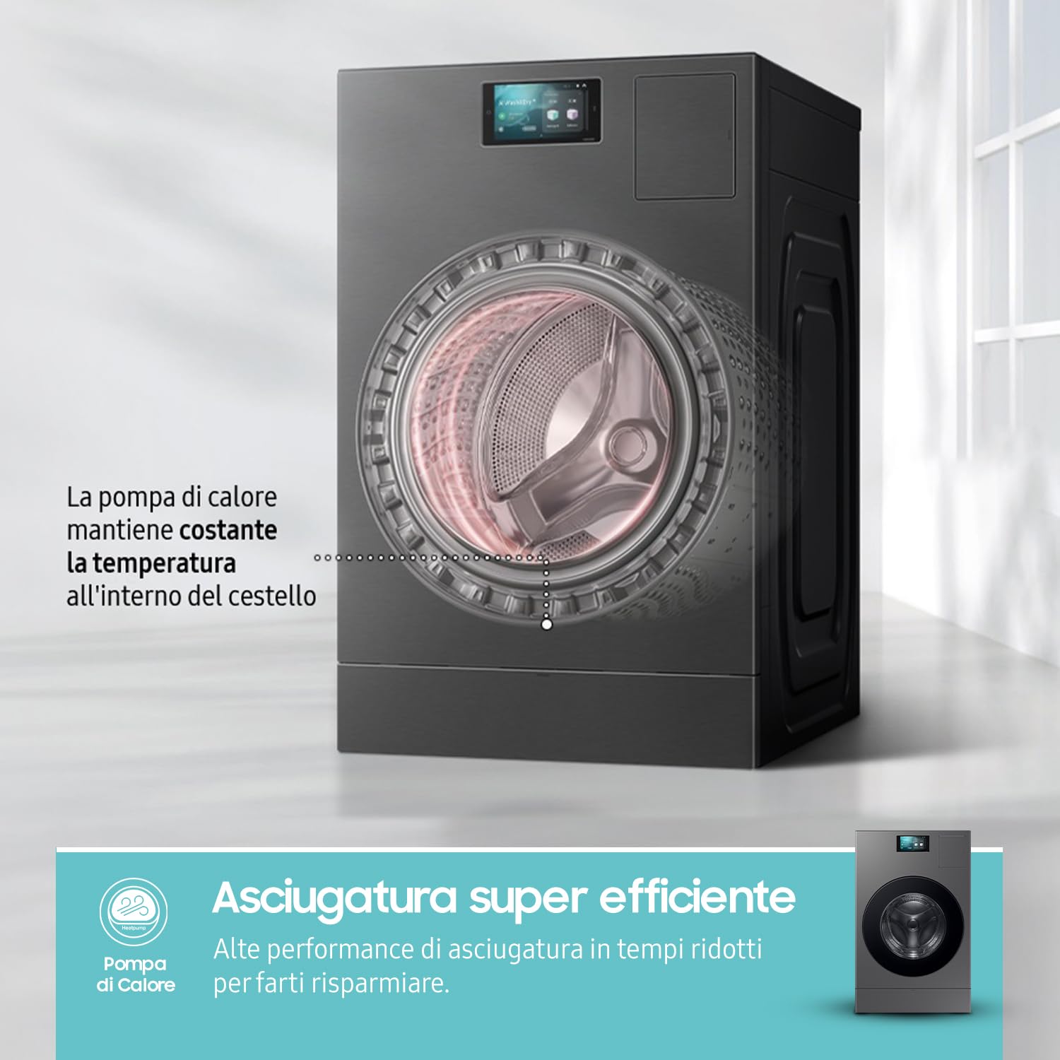Samsung Lavasciuga Bespoke AI Laundry Combo WD18DB8995BZT2, 18+11 kg, Wifi, Pompa di Calore, Super Speed, Display AI home, AI Wash & Dry, Carica Frontale, 68.6l x 11h x 87.5p cm
