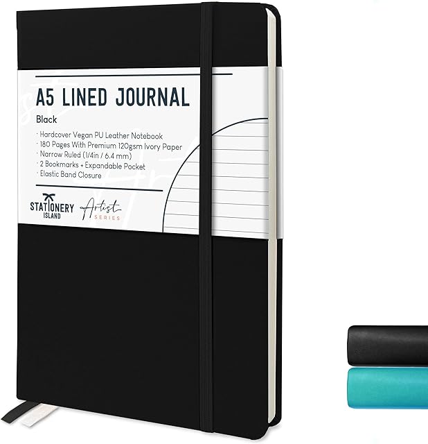 STATIONERY ISLAND Lined Journals A5 Black Notebook Hardcover Notepad with 180 Pages Thick Premium 120gsm Paper for Planning, Study, Travel, Drawing, Sketching and Projects