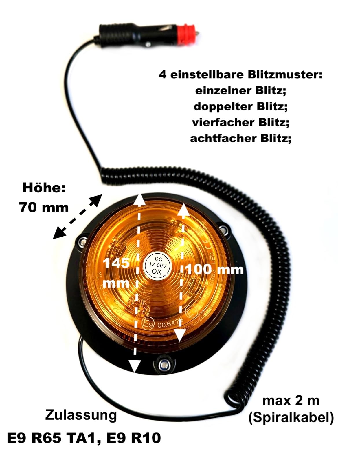 2x Baliza LED MelTruck 30 LEDs – 4 Modos Flash, Base Magnética/Tornillos, E9 R65 TA1, 9–80V – para Coche, Camión, Tractor, Maquinaria