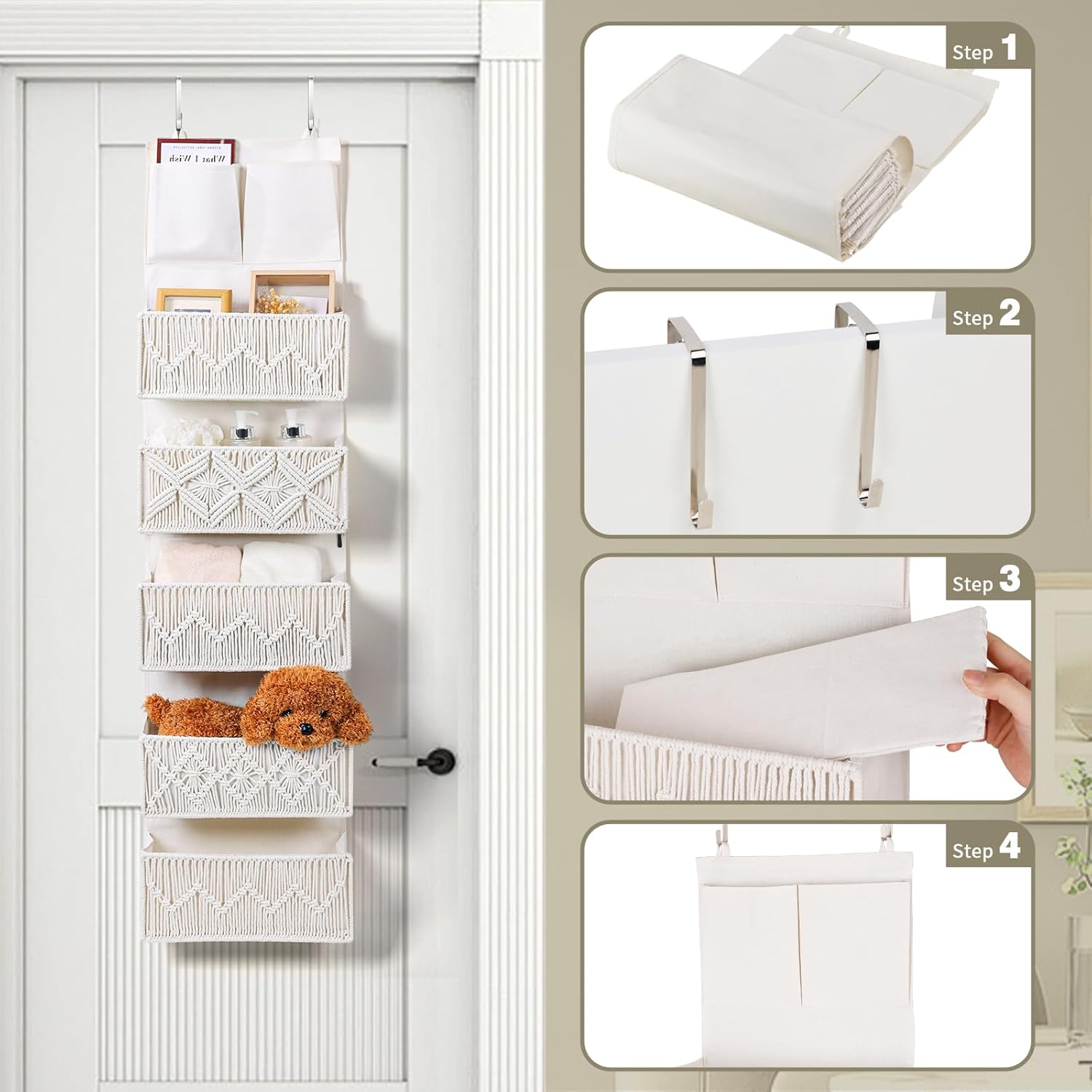 ANTIS'S HOME Over the Door Organizer Macrame Boho Nursery Storage with 5 Large Woven Pockets, Hanging Closet Basket for Bathroom or Nursery, Behind the Door Storage Organizer - Image 5