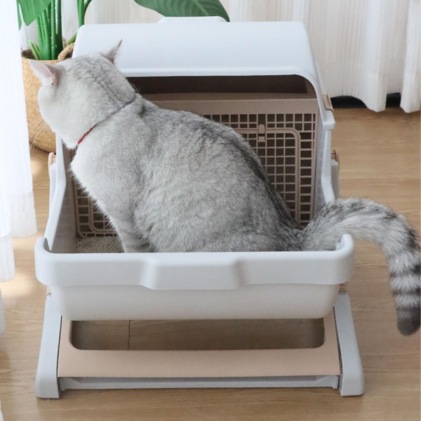 Arenero Semi AUTOMATICO para Gatos DE Gran TAMAÑO FÁCIL DE Montar Bandeja Semi Cerrada para Gatos DE Interior PLÁSTICO 52 X 43 CM