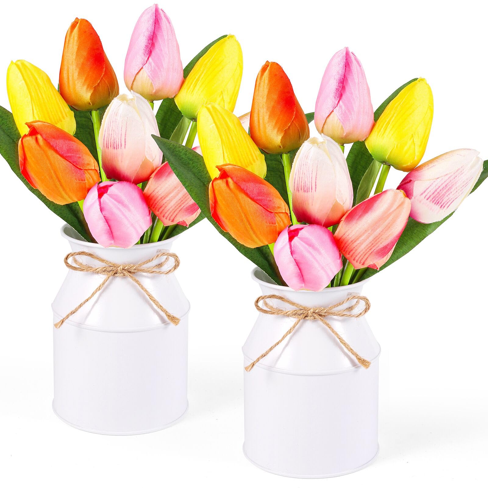 2 Pack Tulip Mason Jar Table Centerpiece, 18pcs Multicolored Artificial Tulips Flowers Fake Floral with Faux Leaves for Home Office Spring Decor Wedding Party Table Centerpieces Bouquet Arrangement
