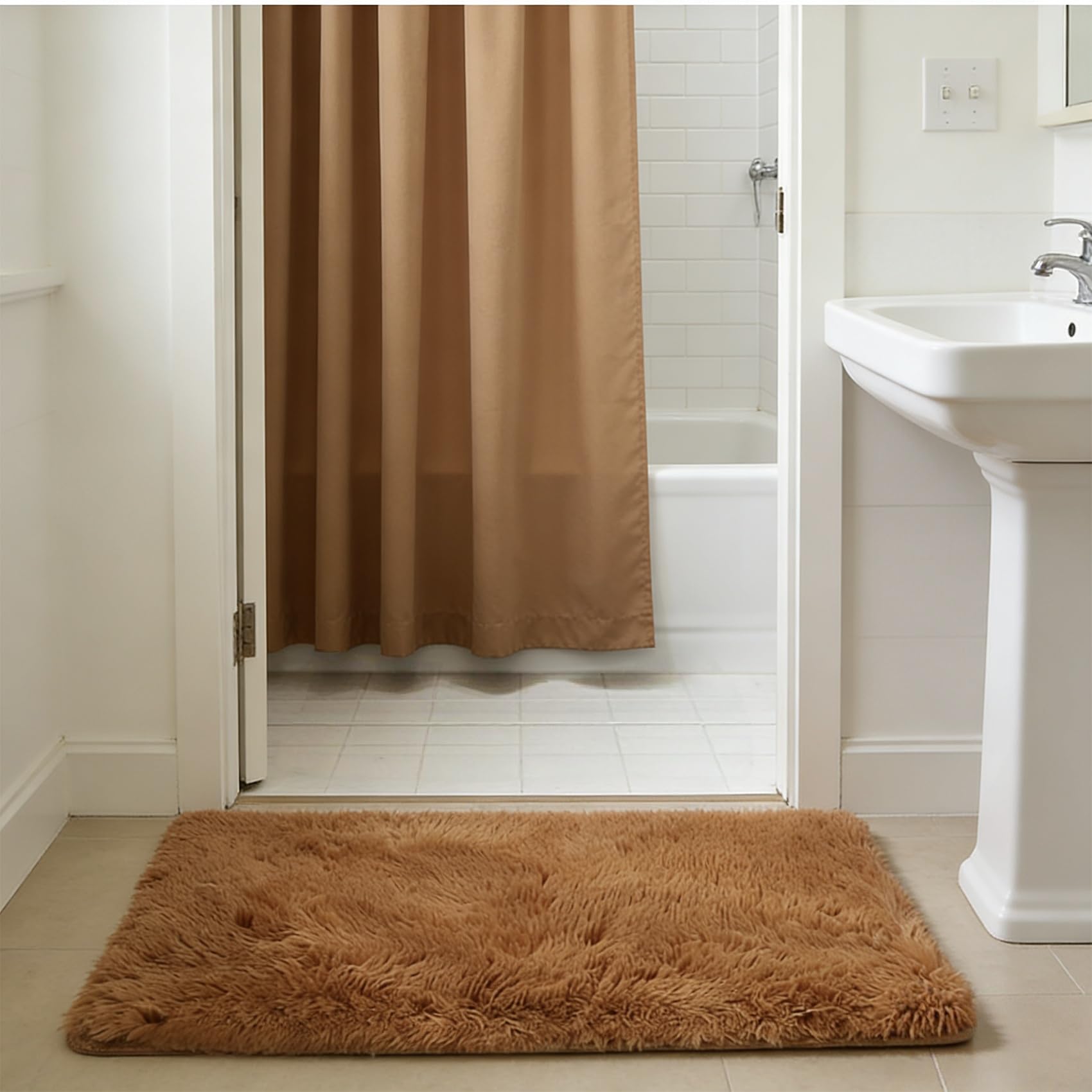 Tapis salon 122x140 cm marron à poils longs moderne pour le confort de la chambre