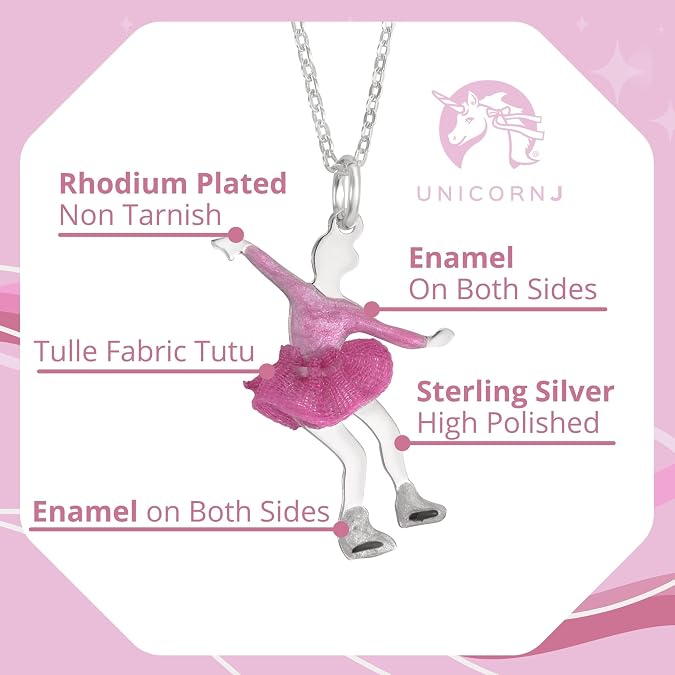 UNICORNJ Girls Sterling Silver 925 Figure Skater Pendant Necklace for Kids Enamel 16 Italy
