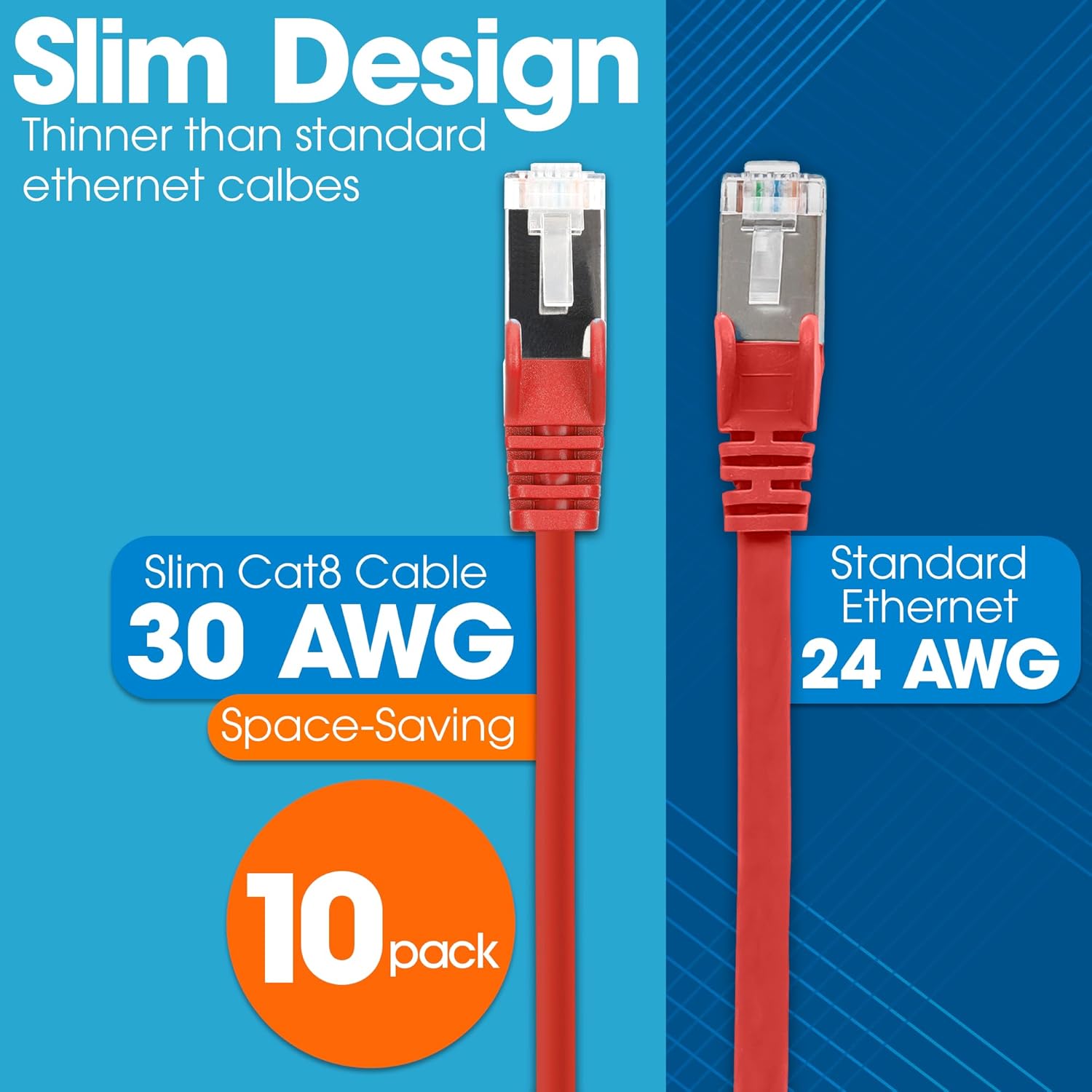 Intellinet Slim Cat8 Ethernet Network Patch Cable – 10-Pack - 40Gbps & 2000MHz, Snagless Boot, 30AWG Pure Bare Copper Wire, Gold-Plated Contacts, Lifetime Mfg Warranty – 10ft, 10 Pack, Red
