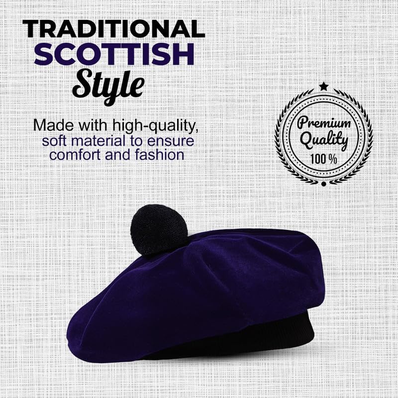 Image of Scottish Tam O' Shanter Hat Tartan Bonnet Pom Pom Wool Flat Cap One Size