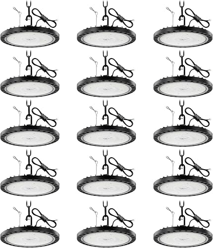 Paquete de 15 luces LED UFO de 200 W 30000 lm para taller 5000 K Ip65 iluminación comercial de bahía con gancho de EE. UU./cadena colgante de 1.64